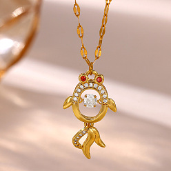 Fish Ocean Brass Pave Clear Cubic Zirconia Pendant Necklaces, Golden, Fish, 14.96 inch(38cm), pendant: 23x16mm
