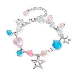 Colorful Alloy Star Charms Braclets, Acrylic & Glass Heart Flower Link Chain Bracelets for Women, Colorful, 7-5/8 inch(19.3cm)