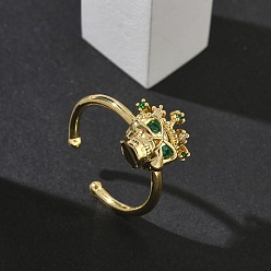 Зеленый Латунные микро проложить манжеты кольца кубического циркония, череп, стойки покрытие, долговечный, без кадмия и без свинца, реальный 18 k позолоченный, зелёные, Череп: 13.5x12 mm, внутренний диаметр: регулируемый