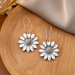 Античное Серебро Серьги-кольца из цинкового сплава в стиле бохо с подсолнухами, с железом, античное серебро, 51x28 мм