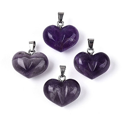 Аметист Массивные подвески в форме сердца из натурального аметиста, с 304 защелкой из нержавеющей стали на поручнях, цвет нержавеющей стали, 17~18x20~20.5x11~12 мм, отверстие : 5.5~6x2.5~3.5 мм
