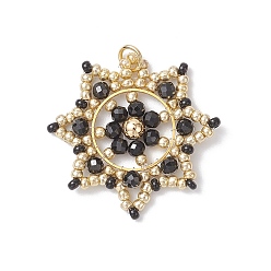 Черный Подвески-снежинки из стеклянных бусин, с латунными соединительными кольцами и 304 открытыми соединительными кольцами из нержавеющей стали, реальный 18 k позолоченный, чёрные, 26x27x2 мм, отверстие : 3.5 мм