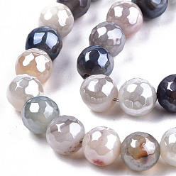 Antique White Electroplate Natural Agate Beads Strands, Dyed, Faceted, Pearl Luster Plated, Round, Antique White, 8.5x7~8mm, Hole: 1.2mm, about 47~48pcs/strand, 13.78 inch~13.98 inch(35cm~35.5cm)