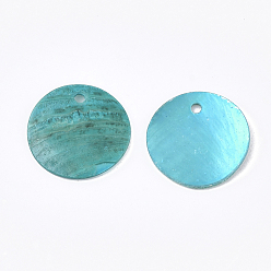 Dark Turquoise Spray Paint Natural Akoya Shell Pendants, Mother of Pearl Shell Pendants, Flat Round, Dark Turquoise, 15x1~3mm, Hole: 1.1~1.5mm