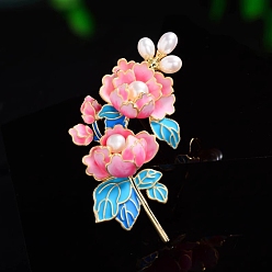 Ярко-Розовый Эмалевые булавки пион, броши из сплава для одежды рюкзака, с имитацией жемчужина бисера, ярко-розовый, 57x32 мм