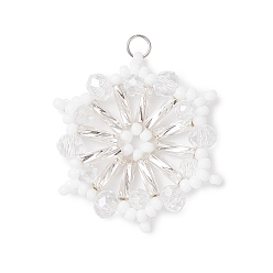 Белый Подвески-снежинки из стеклянных бусин, с 304 открытым соединительным кольцом из нержавеющей стали и стеклом, граненые, белые, 30x27x4 мм, отверстие : 3 мм