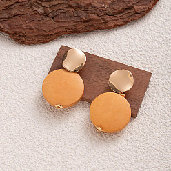 Плоский Круглый Серьги-гвоздики из дерева и железа, золотые, плоско-круглые, 43x25 мм