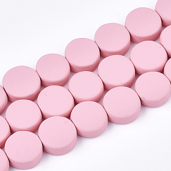 Pink Spray Painted Non-magnetic Synthetic Hematite Beads Strands, Flat Round, Pink, 10x4mm, Hole: 1mm, about 44pcs/strand, 15.7 inch
