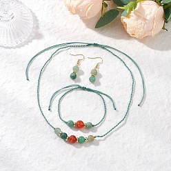 Смешанные камни Комплект из ожерелья, браслета и сережек с круглыми бусинами из натурального полосчатого агата и зеленого авантюрина, с оплеткой нейлоновой нити, 1.61x0.33 дюйм (41x8.5 мм)
