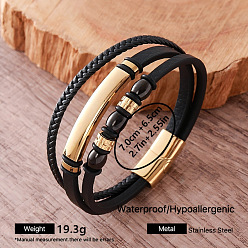 Golden Vintage 304 Stainless Steel Leather Bracelets for Men, Hip Hop Style Jewelry, Black, Golden, Inner Diameter: 2.76 inch(7cm)