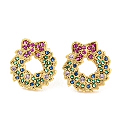 Настоящее золото 18K Серьги-гвоздики из латуни с фианитом, рождественский венок, долговечный, без свинца и без кадмия, реальный 18 k позолоченный, 12.5x12 мм