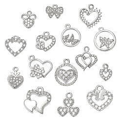 Platinum 15Pcs 15 Styles Brass with Rhinestone Pendants, Platinum, 10~17x7~15mm, 1pc/style