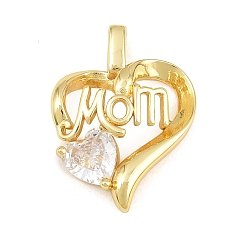 Real 18K Gold Plated Mother's Day Brass Pave Clear Cubic Zirconia Pendants, Heart with Word Mom Charms, Rack Plating, Long-Lasting Plated, Lead Free & Cadmium Free, Real 18K Gold Plated, 21x16x5mm, Hole: 3x2mm