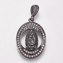 Gunmetal Brass Micro Pave Cubic Zirconia Pendants, Oval with Virgin Mary, Clear, Gunmetal, 22.5x16.5x3mm, Hole: 2x4mm