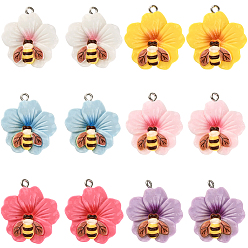 (52) Непрозрачная лаванда 24 шт 6 цвета подвески из непрозрачной смолы, цветок с пчелой, с железной платиной петлей, разноцветные, 27x26x8.5 мм, отверстие : 2 мм, 4 шт / цвет