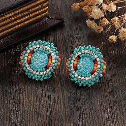 Зеленый Винтажные серьги-гвоздики в богемном стиле из разноцветного стеклянного бисера и стразов., плоско-круглые, зелёные, 26 мм