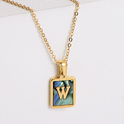 Letter W 304 ожерелья с прямоугольной подвеской из натуральной ракушки пауа из нержавеющей стали для женщин, реальный 18 k позолоченный, Буква W, 17.72 дюйм (45 см)