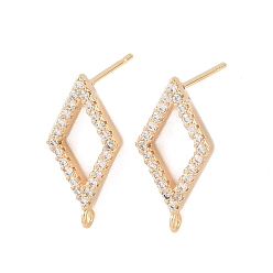 Золотой Фурнитура для сережек-гвоздиков с ромбовидной формой из латуни с микропаве из прозрачных кубических цирконий, с петлей, золотые, 17x8.5 мм, отверстие : 1~1.2 мм, штифты : 0.8 мм