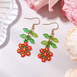 Red Handmade Glass Seed Dangle Earrings, Loom Pattern, Flower, Golden, Red, 52.5x17mm