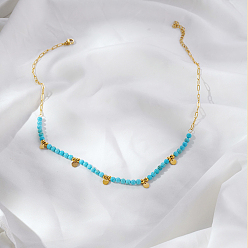 Золотой Минималистичные круглые бусины из натурального окрашенного камня, украшения из нержавеющей стали для ежедневного ношения женщинами, глубокое синее небо, золотые, 16.54 дюйм (42 см)