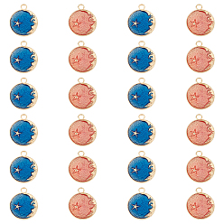 (52) Непрозрачная лаванда 60 шт 2 цвета сплава эмалевые подвески, плоский круглый со звездой и луной, золотые, разноцветные, 25x21x2 мм, отверстие : 3 мм, 30 шт / цвет