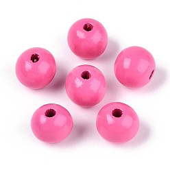 Ярко-Розовый Круглые бусины из натурального дерева схима, окрашенные распылением, ярко-розовый, 13~14x12.9 мм, отверстие : 2.8~3.5 мм