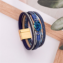 Морской Синий Искусственная кожа многожильных браслеты, браслеты с овальными звеньями для женщин, со стразами и магнитной застежкой, Marine Blue, 7-5/8 дюйм (19.5 см)