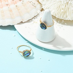 Light Gold Плоские круглые кольца на палец из раковин морского ушка/пауа, кольца, обмотанные медной проволокой, золотой свет, внутренний диаметр: 18.4~18.6 мм