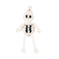 Skull Halloween TOHO Glass Seed Beaded Pendants, with Copper Wires, White, Skull Charm, 43x23x2mm, Hole: 2mm