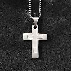 Нержавеющая Сталь Цвет 304 подвесные из нержавеющей стали ожерелья, с коробчатой цепью и подвесками для ручной полировки, крестик, цвет нержавеющей стали, 17.72 дюйм (45 см), крест: 30.5x21.5 мм
