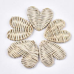 Antique White Handmade Reed Cane/Rattan Woven Beads, For Making Straw Earrings and Necklaces, No Hole/Undrilled, Heart, Antique White, 49~61x46~60x5~10mm