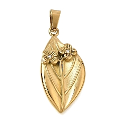 Crystal 304 Stainless Steel with Rhinestone Pendants, with 201 Stainless Steel Snap On Bails, Ion Plating(IP), Leaf Charms, Golden, Crystal, 33.5x16.5x4mm, Hole: 6x3.5mm