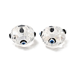 Black Transparent Glass European Beads, Large Hole Beads, with Enamel, Faceted, Rondelle with Evil Eye Pattern, Black, 14x8mm, Hole: 6mm