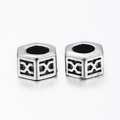 Antique Silver 304 Stainless Steel European Beads, Large Hole Beads, Hexagon, Antique Silver, 8.5x5.5mm, Hole: 5mm