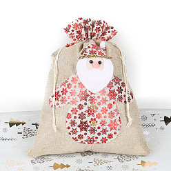Linen Christmas Jute Printed Drawstring Bags, Rectangle Candy Storage Supplies, Linen, 40x30cm