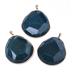 Средно-синий Естественно треск агат большие кулоны, с позолоченным латунным краем и зажимными скобами, окрашенная и подогревом, овальные, граненые, светло-синий, 61~62x54~55x12~14 мм, отверстие : 4x7 мм