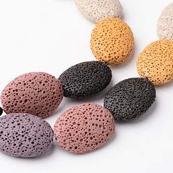 Gemischte Farbe Natürliche Lavasteinperlenstränge, gefärbt, Flachoval, Gemischte Farbe, 32~33x24~25x7.5~9 mm, Bohrung: 2 mm, ca. 12 Stk. / Strang, 16 Zoll