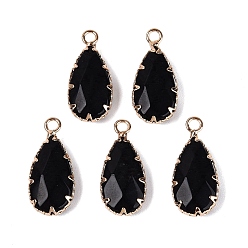 Obsidian Natural Obsidian Faceted Pendants, Brass Teardrop Bezeled Charms, Golden, 24~25x10.5~11.5x5~5.5mm, Hole: 2mm
