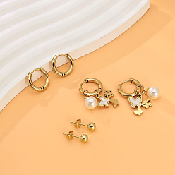 Белый 3 элегантные комплекты сережек из нержавеющей стали, реальный 18 k позолоченный, белые, 5~15 мм