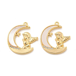 Настоящее золото 18K Покрытие стойки латунь микропаве прозрачные подвески из кубического циркония, без кадмия, без никеля и без свинца, с оболочкой, ракушка Мум с ангелом, реальный 18 k позолоченный, 21x19x2 мм, отверстие : 1.4 мм