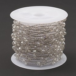 Clear Glass Round Beaded Chains, with 304 Stainless Steel Findings, Unwelded, with Spool, Clear, 3x3.5mm, about 16.40 Feet(5m)/Roll