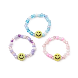 Mixed Color 3Pcs 3 Color Glass Seed & Acrylic Smiling Face Beaded Stretch Rings Set, Mixed Color, Inner Diameter: 19mm, 1Pc/color