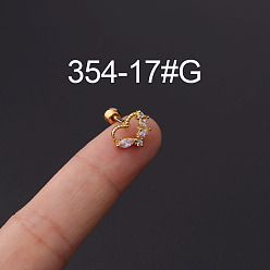 Сердце 316l серьги-гвоздики из нержавеющей стали с микропаве из кубического циркония, золотые, сердце, 6 мм, штифты : 1.2 мм