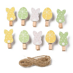 Mixed Color Easter Egg and Bunny Wooden Spring Clips, with Hemp Rope, for Ticket, Note, Photo, Snack Bags, Office School Supplies, Mixed Color, 35x7mm, 10Pcs/set