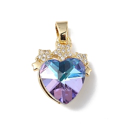 Средний Фиолетовый Настоящие позолоченные подвески из латуни с микропаве из прозрачного кубического циркония, со стеклом, долговечный, без кадмия и без свинца, сердце со звездным шармом, средне фиолетовый, 18 мм, отверстие : 19.5x15.5x8 мм