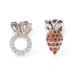 Platinum Brass Micro Pave Cubic Zirconia Stud Earrings, Asymmetrical Earrings, with Earring Backs and 925 Sterling Silver Pins, Rabbit and Carrot, Platinum, 10x6x1mm and 10.5x5.5x2mm, Pin: 0.7mm