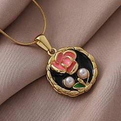 Черный 316 хирургическая нержавеющая сталь, эмаль, с имитацией жемчуга, плоские круглые подвески с цветком для женщин, золотые, чёрные, 15.75 дюйм (40 см)