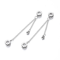 Platinum Rack Plating Alloy European Dangle Charms, with Chain, Large Hole Beads, Cadmium Free & Lead Free, Double Flat Round with Leaf, Platinum, 91mm, Hole: 5.5mm