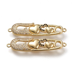 Real 18K Gold Plated Brass Micro Pave Cubic Zirconia Links Connectors, Cadmium Free & Lead Free, Safety Pin Shape with Heart, Black & Clear, Real 18K Gold Plated, 40x10x3.5mm, Hole: 1.2mm