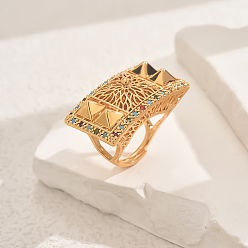 Разноцветный Латунные микропаве кубические цирконии геометрические регулируемые кольца для женщин, прямоугольные, золотые, красочный, 35x19 мм, внутренний диаметр: регулируемый